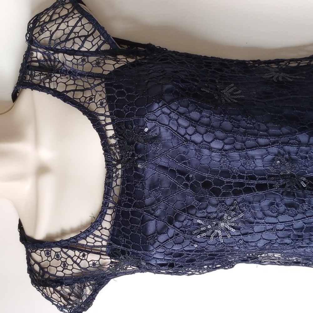 Kay Unger Sequined Lace Cap Sleeve Flounce Dress With Satin Slip 4 Navy - Picture 2 of 12